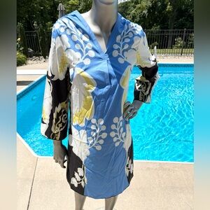 Tunic Dress Swimming Coverup in Modern Print of Blue White & Yellow